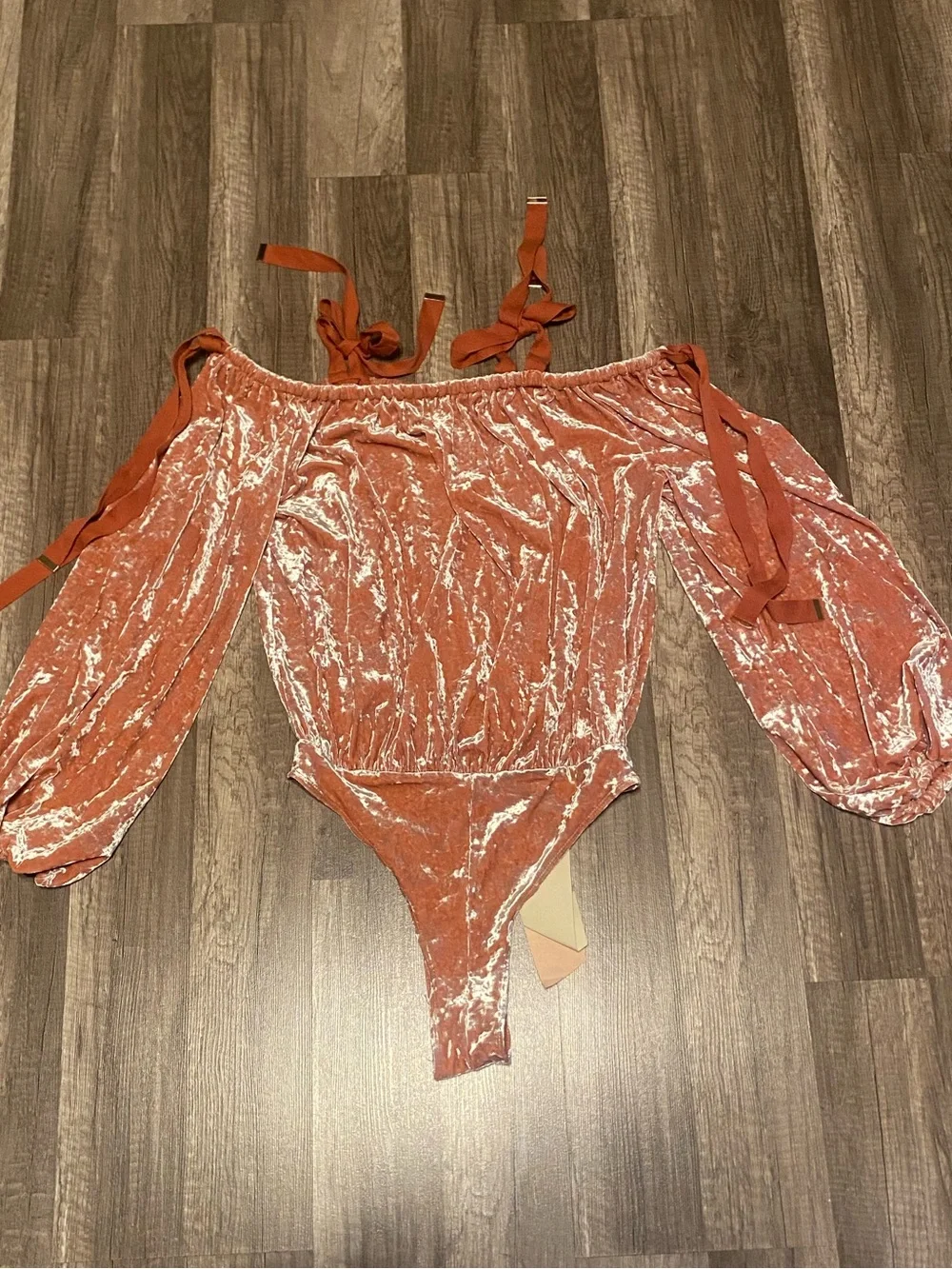 FP x HAH  Rose Brown Velvet Off-Shoulder Tie-Shoulder Bodysuit